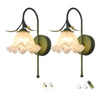 Battery Sconces Wall Decor set of 2,Rechargeable Wall Scones ,Modern Flower Wall Lights ,Wireless Sconces with Remote,Dimmable Lighting Fixtures for Bedroom Living Room Entryway(Green,Two-color)