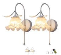 Battery Sconces Wall Decor set of 2,Rechargeable Wall Scones ,Modern Flower Wall Lights ,Wireless Sconces with Remote,Dimmable Lighting Fixtures for Bedroom Living Room Entryway(White,Two-color)
