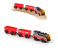 Battery Train for Wooden Track - 3 Pcs Magnetic Battery Operated Light Up Train Toys, Wooden Train Track Accessories for 3 4 5+ Years Old Toddlers Kids Boy Girl Birthday Christmas Halloween(Red)