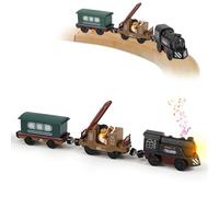 Battery Train for Wooden Track - 3 Pcs Magnetic Retro Battery Operated Light Up Train Toys, Wooden Train Track Accessories for 3+ Toddler Kid Boy Girl Birthday Christmas Halloween TOY 0604