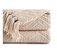 Battilo Beige Throw Blankets for Sofa Bed Couch, 150cmx200cm | Textured Solid Soft Knitted Throw Blanket with Tassels, Warm Cozy Couch Blanket Large Throws for Home Decor