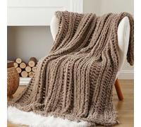 Battilo Chunky Knit Blanket Throw, 125x150cm Handmade Knitted Throw Blanket, Soft Thick Chenille Yarn Crochet Blankets Taupe Tan Throws for Sofa Bed Couch Home Decor