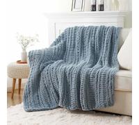 Battilo Chunky Knit Blanket Throw, 125x150cm Handmade Knitted Throw Blanket, Soft Thick Chenille Yarn Crochet Blankets Blue Grey Throws for Sofa Bed Couch Home Decor