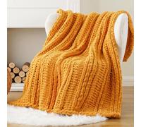 Battilo Chunky Knit Blanket Throw, 125x150cm Handmade Knitted Throw Blanket, Soft Thick Chenille Yarn Crochet Blankets Mustard Yellow Throws for Sofa Bed Couch Home Decor