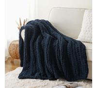 Battilo Chunky Knit Blanket Throw, 125x150cm Handmade Knitted Throw Blanket, Soft Thick Chenille Yarn Crochet Blankets Navy Blue Throws for Sofa Bed Couch Home Decor