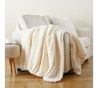 Battilo Chunky Knit Blanket Throw, 125x150cm Handmade Knitted Throw Blanket, Soft Thick Chenille Yarn Crochet Blankets Cream Throws for Sofa Bed Couch Home Decor