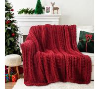 Battilo Chunky Knit Blanket Throw, 125x150cm Soft Thick Red Chenille Throw Blanket, Handmade Cable Knit Crochet Blanket, Cozy Rope Knot Knitted Blanket Christams Red Blankets for Bed Sofa Home Decor