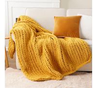 Battilo Chunky Knit Blanket Throw, Soft and Thick Chenille Throw Blanket, 125x150cm Handmade Cable Knit Crochet Blanket, Large Rope Knot Yellow Throw Blankets for Couch Sofa Bed Home Decor, Mustard