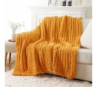 Battilo Chunky Knit Blanket Throw, Yellow Knitted Throw Blanket 125x150cm | Soft Thick Handmade Chenille Yarn Crochet Blankets Mustard Throws for Sofa Bed Couch Home Decor