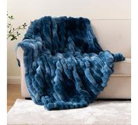 Battilo Faux Rabbit Fur Throw Blanket, Navy Fluffy Blanket, 125x150cm