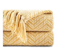 Battilo Gold Yellow Throw Blanket for Couch, Knit Woven Blanket Versatile for Chair, 150cmx200cm - Super Soft Warm Decorative Pale Yellow Throw with Tassels for Bed, Sofa and Living Room
