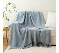 Battilo Herringbone Knitted Throw Blanket with Fringes, Super Soft Warm Cozy Blue Knit Throws for Sofa Bed Chair Gift, Texture Decorative Boho Blanket for All Season, 127x152cm