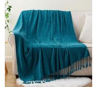 BATTILO HOME Teal Throw Blanket for Sofa Bed Couch, 130×150cm | Soft Cozy Chenille Throw Blanket with Fringe Tassels, Lightweight Teal Blue Knitted Throw Blankets for Home Decor