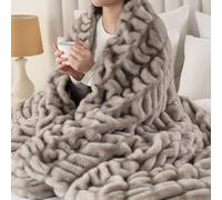 Battilo Luxury Faux Rabbit Fur Throw Blanket with Dark Grey Tipped, 150x200cm Super Soft Thick Fur Throws for Sofa Large Fluffy Bubble Blanket, Fuzzy Warm Cozy Reversible Mink Blanket for Bed Couch