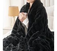 Battilo Rabbit Faux Fur Throw Blanket Black Fur Throws for Sofa, Soft Luxury Black Fluffy Fur Blanket, Cozy Thick Warm Fuzzy Mink Blanket for Bed Chair, 125x150cm