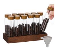 BATTIPAW 12Pcs Coffee Bean Storage,Single Dose Coffee Bean Storage Tubes,Sealed Glass Vials, Including Wooden Base & Funnel, Refillable Storage Containers for Coffee Beans, Tea Leaves