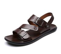 Battle Men Men's Cut Out Sandal Casual Double Use Beach Slipper Genuine Leather Open Toe Double Monaco Strap Buckle Thick Sole Rivet Solid Color Non-Slip, brown, 8 UK