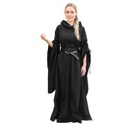 Battle-Merchant - Isra Long Medieval Dress with Trumpet Sleeves and Generous Hood for Women - for Carnival, Halloween, LARP (M, Black)