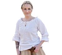 Battle-Merchant Medieval Birga Cotton Blouse with 3/4 Sleeves - Medieval Clothing for Women - White, M