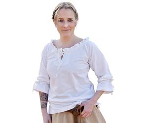 Battle-Merchant Medieval Birga Cotton Blouse with 3/4 Sleeves - Medieval Clothing for Women - White, M