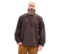 Battle-Merchant - Medieval Shirt Ludwig Cotton - Wide, Lace-up, Stand-Up Collar, Long Sleeve - LARP, Viking Clothing - Brown - XL