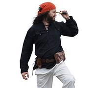 Battle-Merchant - Medieval Shirt Ludwig Cotton - Wide, Lace-up, Stand-Up Collar, Long Sleeve - LARP, Viking Clothing - Black - M