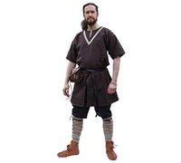 Battle-Merchant - Medieval Tunic Ailrik - Cotton Short Sleeve Shirt with Braids - Viking - LARP - Brown - S