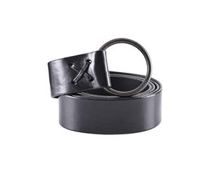 Battle-Merchant - Wide Medieval Leather Belt with Brass Ring - LARP, Reenactment - Black - 150 cm