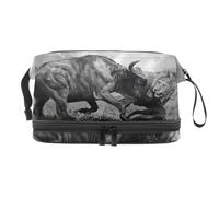 Battle of Lion and Bull Double Layer Cosmetic Bag for Women and Girls, Travel Toiletry Bag Makeup Handy Pouch Organiser Bag with Brush Compartment
