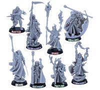 Battle Wizards and Mages Miniature Set - 8 Fantasy Wizard Models or Singles | 32mm Scale | Magic Casters for RPG & Tabletop | Unpainted Resin by Highlands Miniatures | 25mm Bases (All Eight Mages)