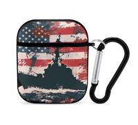 Battleship USA American Flag Case Cover Compatible with AirPods 1&2 Protective PC Shell Carrying Case with Keychain