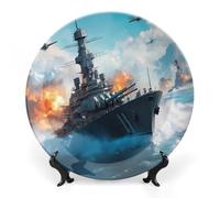 Battleships Ocean and War Bone China Decorative Plate Ceramic Wall Dinner Plates with Display Stand for Home Kitchen Decor 7inch