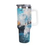 Battleships Ocean and War Large Capacity Car Cup 40 Oz Stainless Steel Insulated Travel Cup with Handle Straw