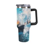 Battleships Ocean and War Large Capacity Car Cup 40 Oz Stainless Steel Insulated Travel Cup with Handle Straw