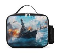 Battleships Ocean and War Leather Lunch Bag Insulated Lunchbox Meal Tote Handbags with Detachable Buckled Handle