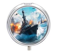 Battleships Ocean and War Pill Box with 3 Compartments and Mirror Cute Metal Round Pill Case for Vitamin Fish Oils