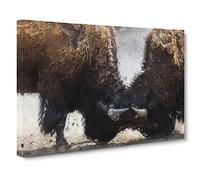 Battling Bison Canvas Print | Gallery Wrapped 30mm Frame Wall Art | 30x20 inches | Ready to Hang | Modern Picture | Living Room Bedroom Lounge Office