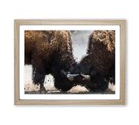 Battling Bison Modern Art Framed Print | A3 Oak Framed Wall Art | Ready to Hang | Modern Nature Picture | Living Room Bedroom Lounge Office