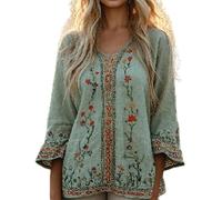 Batwing Tops for Women UK Oversized Bohemian Embroidered Tops Summer 3/4 Sleeve Vintage Loose Elegant Blouses Ladies Beach Leisure Hippie Clothes Retro Floral Pattern Tunics L, Green Style#1
