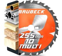 BAUBECK Circular Saw Blade 255mm x 25.4mm +1inch, 20/16mm bore rings - Rage fast Wood with Nails, Metal x28T - Compatible with Evolution, Bosch, Makita, Dewalt, Festool, Freud 255 mm