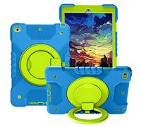 BAUBEY Case Compatible with iPad 8th/7th Generation 10.2 inch 2020/2019, Heavy Duty Rugged Shockproof Drop Protection Case with Stand, Handle Hand Strap & Shoulder Strap (Blue+Grass Green)