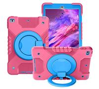 BAUBEY Case Compatible with iPad 8th/7th Generation 10.2 inch 2020/2019, Heavy Duty Rugged Shockproof Drop Protection Case with Stand, Handle Hand Strap & Shoulder Strap (Rose Red+Blue)