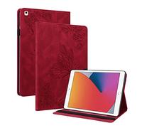 BAUBEY Case for 10.2 inch iPad 2021 9th & 8th & 7th Gen, Air 3, Pro 10.5, Auto Sleep/Wake Butterfly Print Cover with Pencil Holder, Protective Case with Card Holder & Anti-slip Strips (Red)