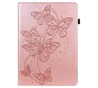 BAUBEY Case for 10.2 inch iPad 2021 9th & 8th & 7th Gen, Air 3, Pro 10.5, Protective Case with Card Holder & Pencil Holder, Auto Sleep/Wake Butterfly Print Cover with Anti-slip Strips (Pink)