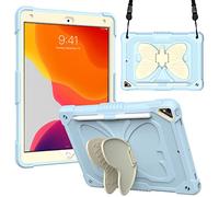 BAUBEY Case for 10.2 inch iPad 2021 9th & 8th & 7th Gen, Air 3, Pro 10.5, Silicone Case with Shoulder Strap for Kids, Cute Shockproof Protective Butterfly Foldable Stand Cover (Beige+Light Blue)