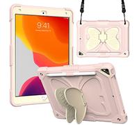 BAUBEY Case for 10.2 inch iPad 2021 9th & 8th & 7th Gen, Air 3, Pro 10.5, Silicone Case with Shoulder Strap for Kids, Cute Shockproof Protective Butterfly Foldable Stand Cover (Beige+Rose Gold)