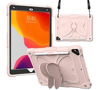 BAUBEY Case for 10.2 inch iPad 2021 9th & 8th & 7th Gen, Air 3, Pro 10.5, Silicone Case with Shoulder Strap for Kids, Cute Shockproof Protective Butterfly Foldable Stand Cover (Rose Gold)