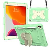 BAUBEY Case for 10.2 inch iPad 2021 9th & 8th & 7th Gen, Air 3, Pro 10.5, Silicone Case with Shoulder Strap for Kids, Cute Shockproof Protective Butterfly Foldable Stand Cover (Beige+Green)