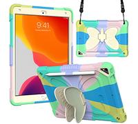 BAUBEY Case for 10.2 inch iPad 2021 9th & 8th & 7th Gen, Air 3, Pro 10.5, Silicone Case with Shoulder Strap for Kids, Cute Shockproof Protective Butterfly Foldable Stand Cover (Colorful Green)