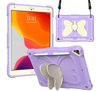BAUBEY Case for 10.2 inch iPad 2021 9th & 8th & 7th Gen, Air 3, Pro 10.5, Silicone Case with Shoulder Strap for Kids, Cute Shockproof Protective Butterfly Foldable Stand Cover (Beige+Purple)